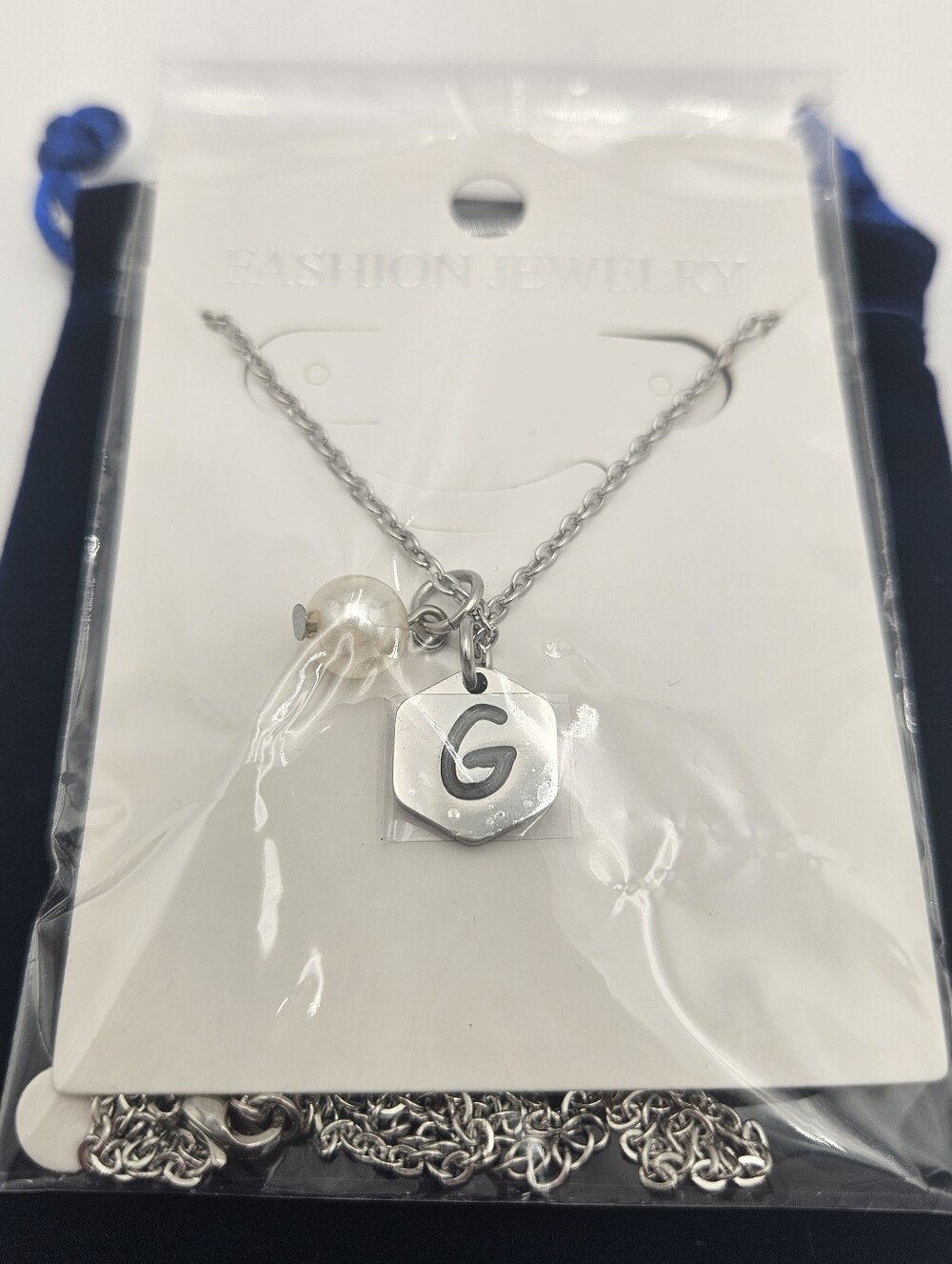 Silver 'G' Hexagon Pendant Necklace with Pearl Accent - Fashion Jewelry